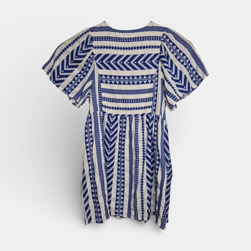 Old Navy XL Blue White Geometric Tribal V-Neck Flutter Sleeve Mini Dress Cotton - Picture 6 of 8